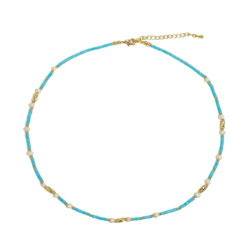 Collier de chaîne en laiton de perles d'eau douce, avec turquoise & perle d'eau douce cultivée, avec 5cm chaînes de rallonge, Plaqué or 18K, bijoux de mode & pour femme, bleu Environ 41.5 cm, Vendu par PC