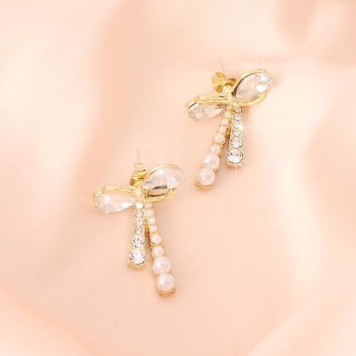 Plastic Pearl Zinc Alloy Earring, with Crystal & Plastic Pearl, Bowknot, gold color plated, fashion jewelry & for woman [