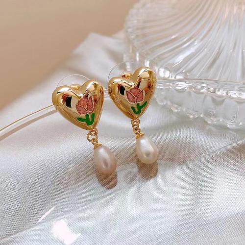 Plastic Pearl Zinc Alloy Earring, with Plastic Pearl, fashion jewelry & for woman & enamel, golden [