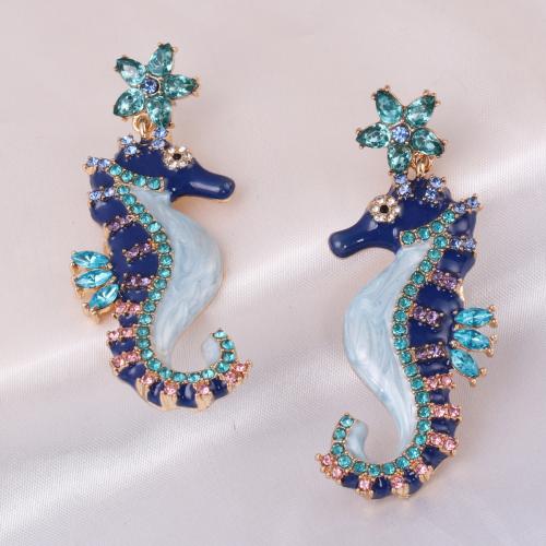 Zinc Alloy Rhinestone Drop Earring, Seahorse, gold color plated, for woman & enamel & with rhinestone [