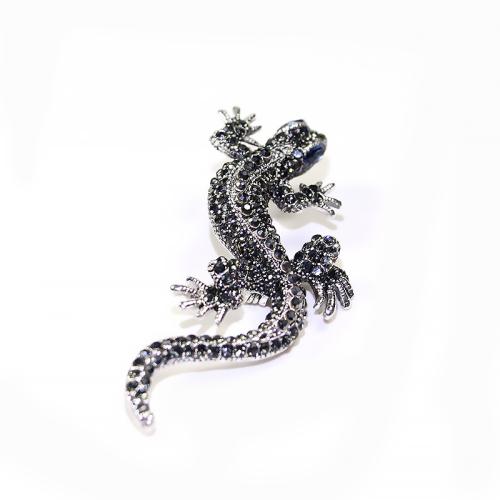 Zinc Alloy Jewelry Brooch, Gecko, silver color plated, for woman & with rhinestone, black 