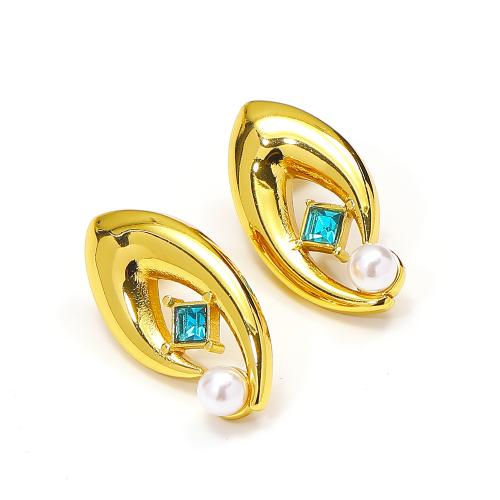 Pendientes de acero Titanium, Partículas de acero, con Perlas plásticas, chapado en color dorado, para mujer & con diamantes de imitación, Vendido por Par