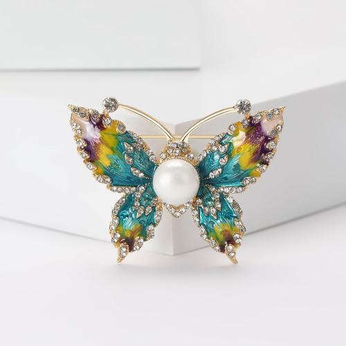 Enamel Brooch, Zinc Alloy, with Plastic Pearl, Butterfly, plated, fashion jewelry & with rhinestone 