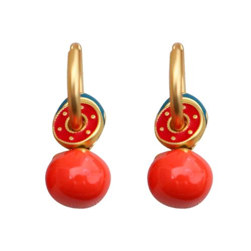 Brass Huggie Hoop Drop Earring, Fruit, gold color plated, for woman & enamel 