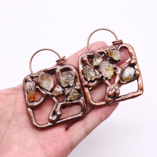 Natural Quartz Pendants, Zinc Alloy, with Quartz, Square, antique copper color plated, DIY 