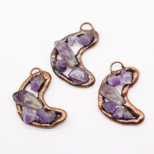 Natural Quartz Pendants, Zinc Alloy, with Amethyst, Moon, antique copper color plated, DIY 