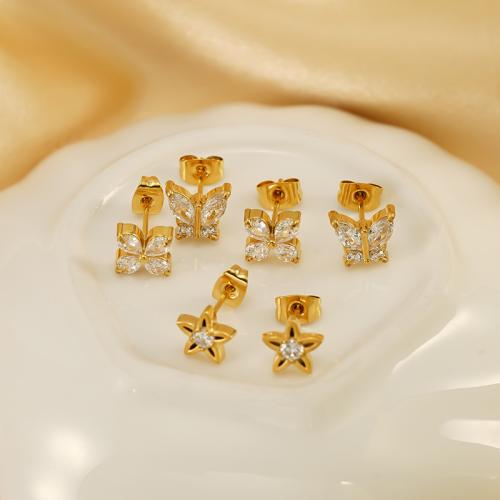 Pendientes de acero Titanium, Partículas de acero, chapado en color dorado, diferentes estilos para la opción & micro arcilla de zirconia cúbica & para mujer, más colores para la opción, Vendido por Par