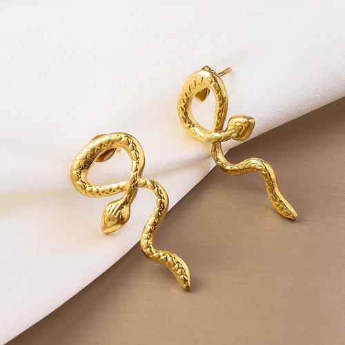 Pendientes de acero Titanium, Partículas de acero, Serpiente, chapado en color dorado, para mujer, 30mm, Vendido por Par