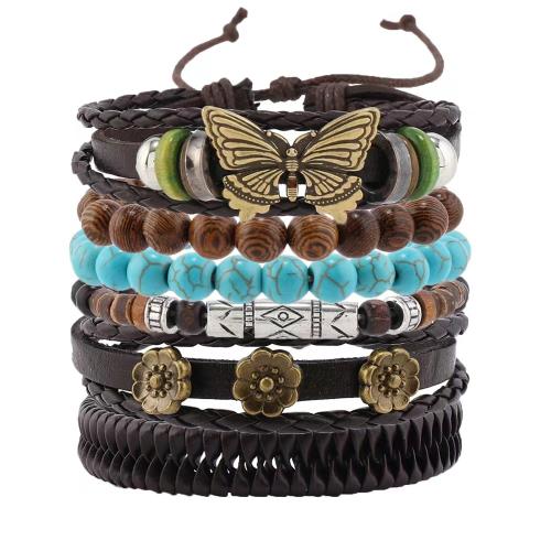 PU Leather Cord Bracelets, with turquoise & Wood, handmade, 6 pieces & fashion jewelry & Unisex 