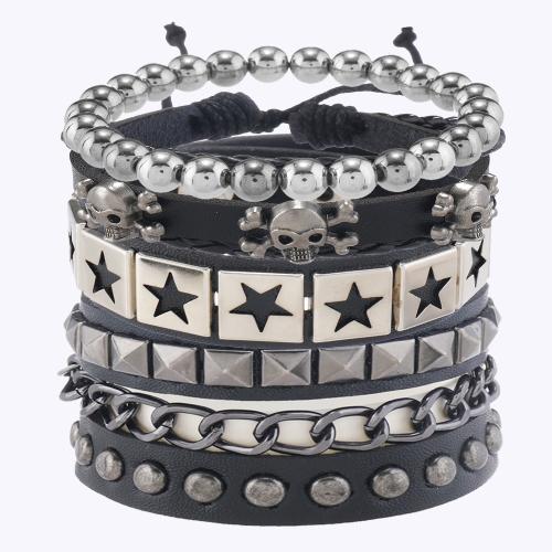 PU Leather Cord Bracelets, with Elastic Thread & Copper Coated Plastic & Zinc Alloy, handmade, 4 pieces & fashion jewelry & Unisex, black 