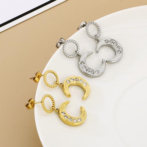 304 Stainless Steel Drop Earring, Moon, Vacuum Ion Plating, for woman & with rhinestone 