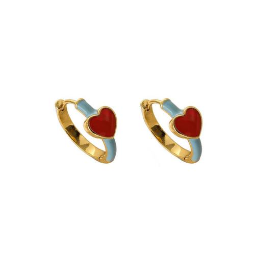 Brass Huggie Hoop Earring, Heart, gold color plated, for woman & enamel 