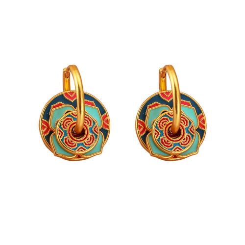 Brass Huggie Hoop Drop Earring, Geometrical Pattern, gold color plated, folk style & for woman & enamel, 26mm [