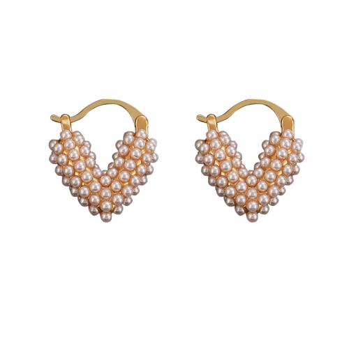 Brass Lever Back Earring, with Plastic Pearl, Letter V, gold color plated, fashion jewelry & for woman [