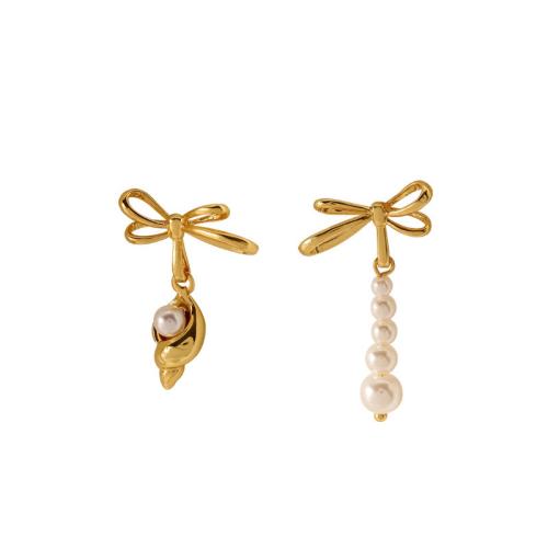 Brass Asymmetric Earrings, with Plastic Pearl, Conch, plated, fashion jewelry & for woman earrings size  