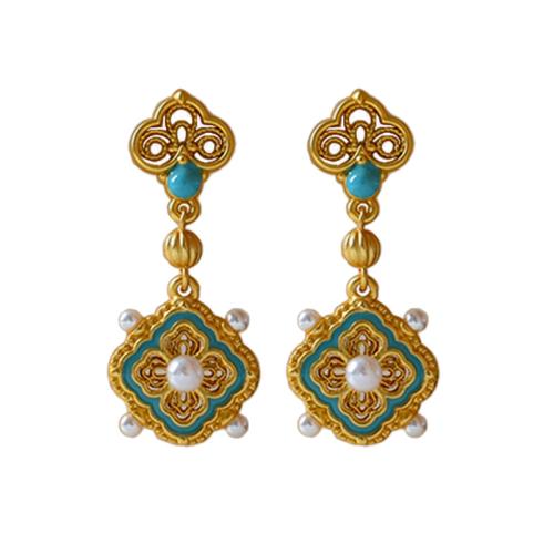 Brass Drop Earring, with Plastic Pearl, Four Leaf Clover, gold color plated, for woman & enamel & hollow 