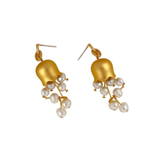 Messing Tropfen Ohrring, mit Natürliche kultivierte Süßwasserperlen, Blume, goldfarben plattiert, verschiedene Stile für Wahl & für Frau, earring length 20-75mm, verkauft von Paar