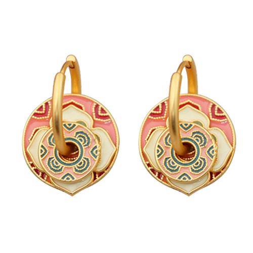 Brass Huggie Hoop Drop Earring, Geometrical Pattern, gold color plated, folk style & for woman & enamel 