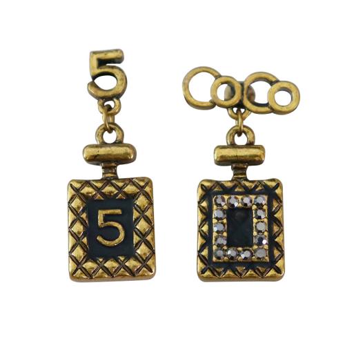 Brass Asymmetric Earrings, Geometrical Pattern, gold color plated, with number pattern & for woman & with rhinestone & blacken, earring size  