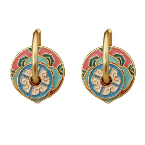 Brass Huggie Hoop Drop Earring, Geometrical Pattern, gold color plated, folk style & for woman & enamel 