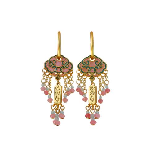 Brass Huggie Hoop Drop Earring, with Glass Beads, Geometrical Pattern, gold color plated, vintage & for woman & enamel 