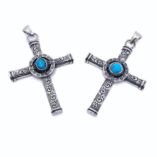 Stainless Steel Cross Pendants, 304 Stainless Steel, with turquoise, fashion jewelry & Unisex 