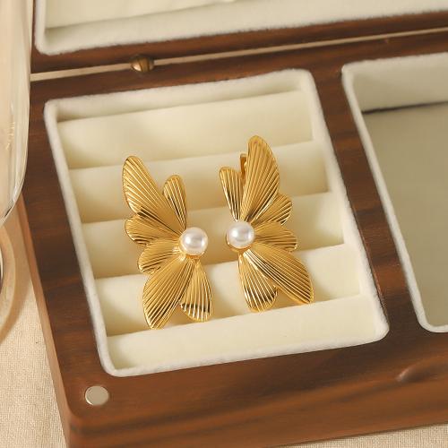 Stainless Steel Drop Earring, 304 Stainless Steel, with Plastic Pearl, Butterfly, gold color plated, for woman 