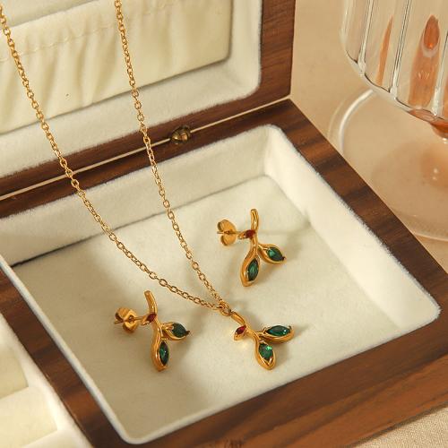 Cubic Zirconia Stainless Steel Jewelry Sets, 304 Stainless Steel, Stud Earring & necklace, Leaf, gold color plated & micro pave cubic zirconia & for woman 