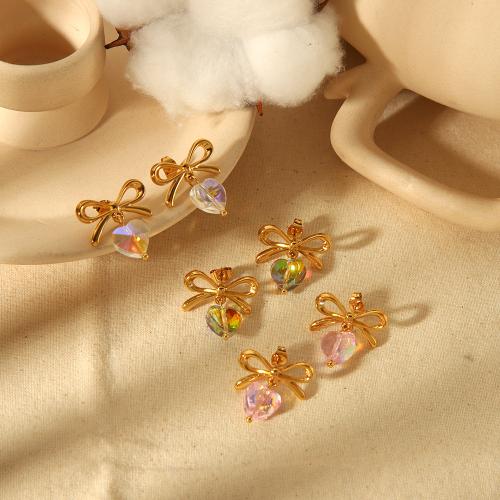 Stainless Steel Drop Earring, 304 Stainless Steel, with Plastic, Bowknot, gold color plated, for woman 