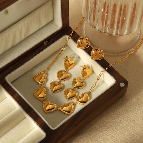 Fashion Stainless Steel Jewelry Sets, 304 Stainless Steel, Stud Earring & necklace, Heart, gold color plated & for woman 