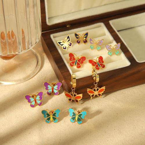 Stainless Steel Stud Earring, 304 Stainless Steel, Butterfly, gold color plated & for woman & enamel 