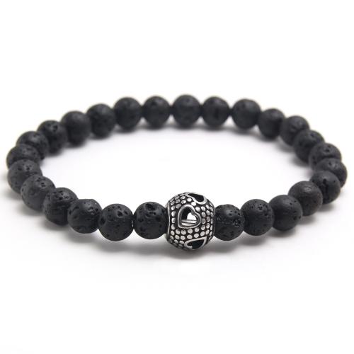 Bracelet de perles de lave, lave volcanique, avec fil élastique & Acier inoxydable 304, bijoux de mode & pour homme, noire .1 pouce, Vendu par PC[