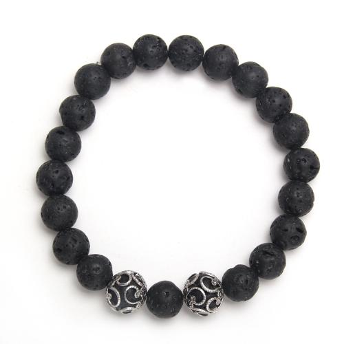 Bracelet de perles de lave, lave volcanique, avec fil élastique & Acier inoxydable 304, bijoux de mode & pour homme, noire .1 pouce, Vendu par PC[