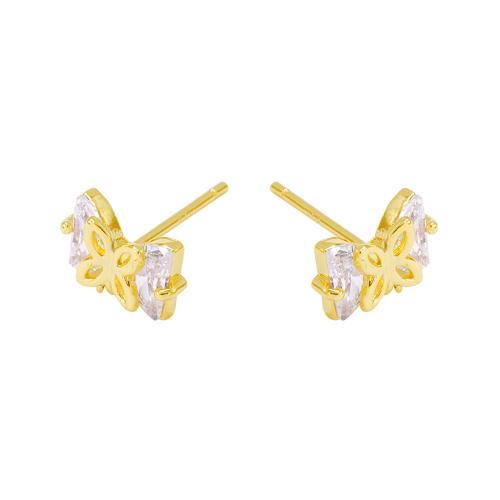 Brass Earring Stud Component, Bowknot, real gold plated, DIY & micro pave cubic zirconia, golden 