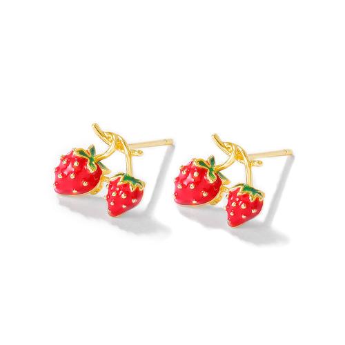 Brass Earring Stud Component, Strawberry, real gold plated, DIY & enamel, golden 