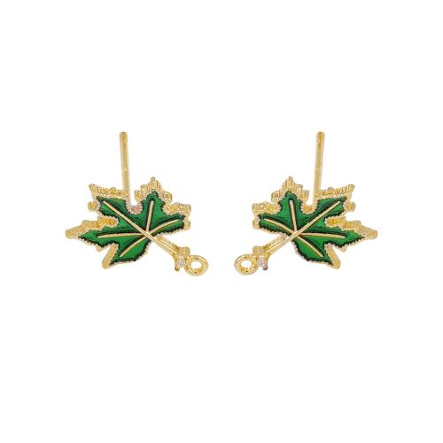 Brass Earring Stud Component, Maple Leaf, real gold plated, DIY & micro pave cubic zirconia & enamel, golden 