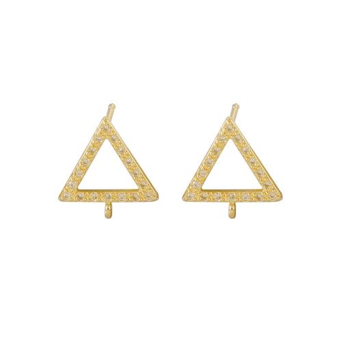 Brass Earring Stud Component, Triangle, real gold plated, DIY & micro pave cubic zirconia, golden 