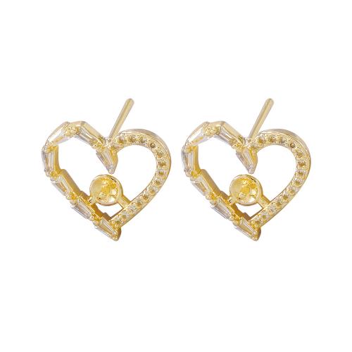 Brass Earring Stud Component, Heart, real gold plated, DIY & micro pave cubic zirconia, golden 