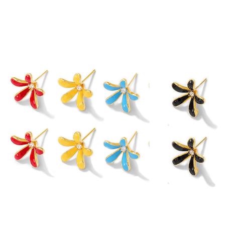 Brass Earring Stud Component, Flower, real gold plated, DIY & micro pave cubic zirconia & enamel 