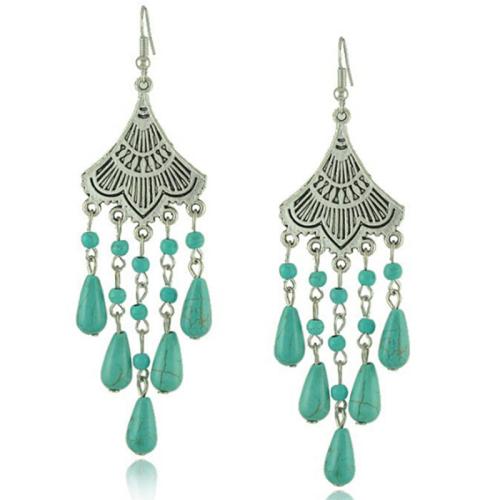 Turquoise Zinc Alloy Earring, with turquoise, folk style & for woman, silver color [