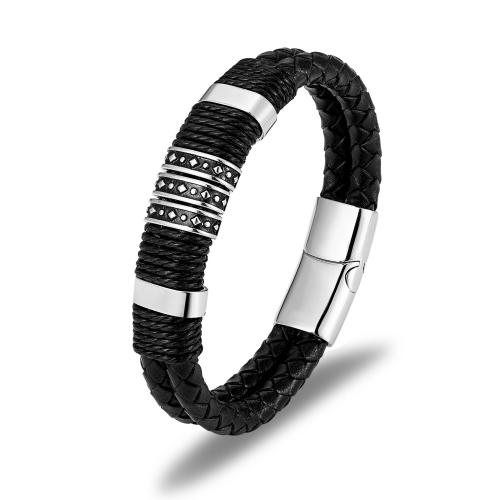 bracelet de cordon en PU , Acier inoxydable 304, avec cordon en cuir, Rond, Placage, Double couche & normes différentes pour le choix & pour homme, plus de couleurs à choisir, Vendu par PC[