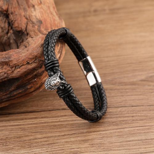 bracelet de cordon en PU , Acier inoxydable 304, avec cordon en cuir, Rond, Placage ionique sous vide, Double couche & normes différentes pour le choix & pour homme, plus de couleurs à choisir, Vendu par PC[