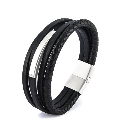 bracelet de cordon en PU , Acier inoxydable 304, avec cordon en cuir, Rond, Placage ionique sous vide, multicouche & normes différentes pour le choix & pour homme, plus de couleurs à choisir, Vendu par PC[