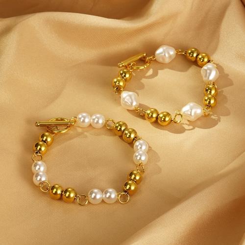 Stainless Steel Chain Bracelets, 304 Stainless Steel, with Plastic Pearl, Vacuum Ion Plating & for woman 