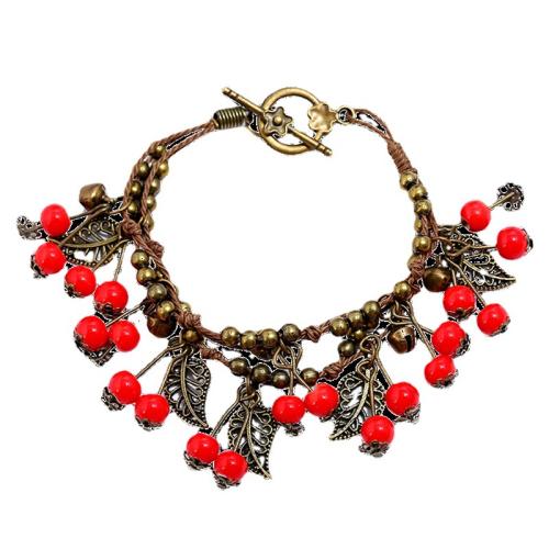 Zinc Alloy Bracelet, with Cotton Fabric & Porcelain, Cherry, antique gold color plated, vintage & for woman Approx 7 Inch 