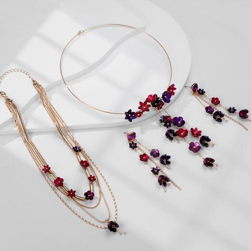 Zinc Alloy Jewelry Set, with Glass Rhinestone & Acrylic, Flower, gold color plated & for woman [