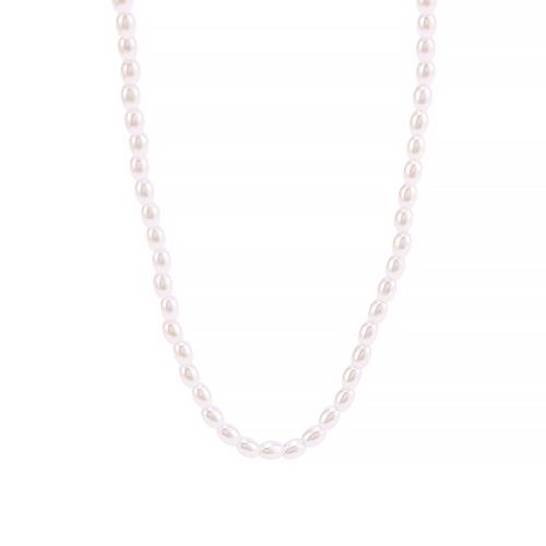 Collier de perles en plastique, Acier inoxydable 304, avec perle de plastique, avec 5cm chaînes de rallonge, Placage de couleur d'or, bijoux de mode, blanc cm, Vendu par PC