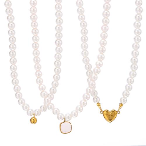 Collier de perles en plastique, Acier inoxydable 304, avec coquille & perle de plastique, Placage de couleur d'or, bijoux de mode & modèles différents pour le choix, doré, Vendu par PC