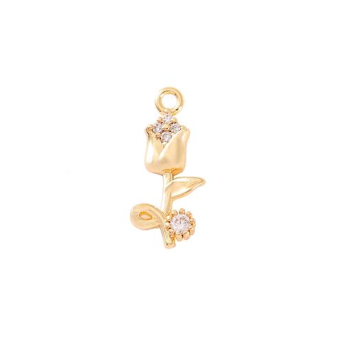 Cubic Zirconia Micro Pave Brass Pendant, Rose, real gold plated, DIY & micro pave cubic zirconia, golden [