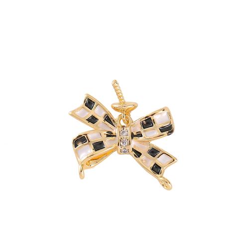 Brass Peg Bail, Bowknot, real gold plated, micro pave cubic zirconia & enamel & double-hole, golden 